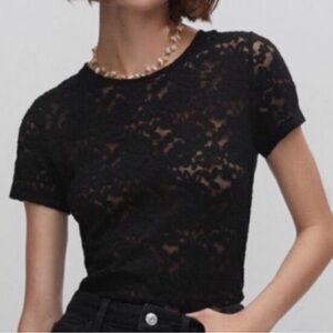 SAGAIE Paris, Black Fitted Short Sleeve Lace Top